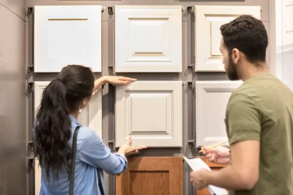 woman shops for cabinetry in harware store