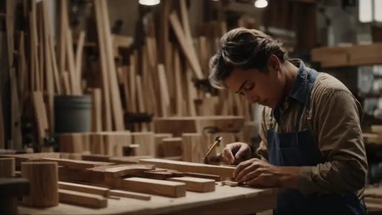 a skilled artisan carefully selects wood in a well-organized workshop filled with cabinet-making tools and materials