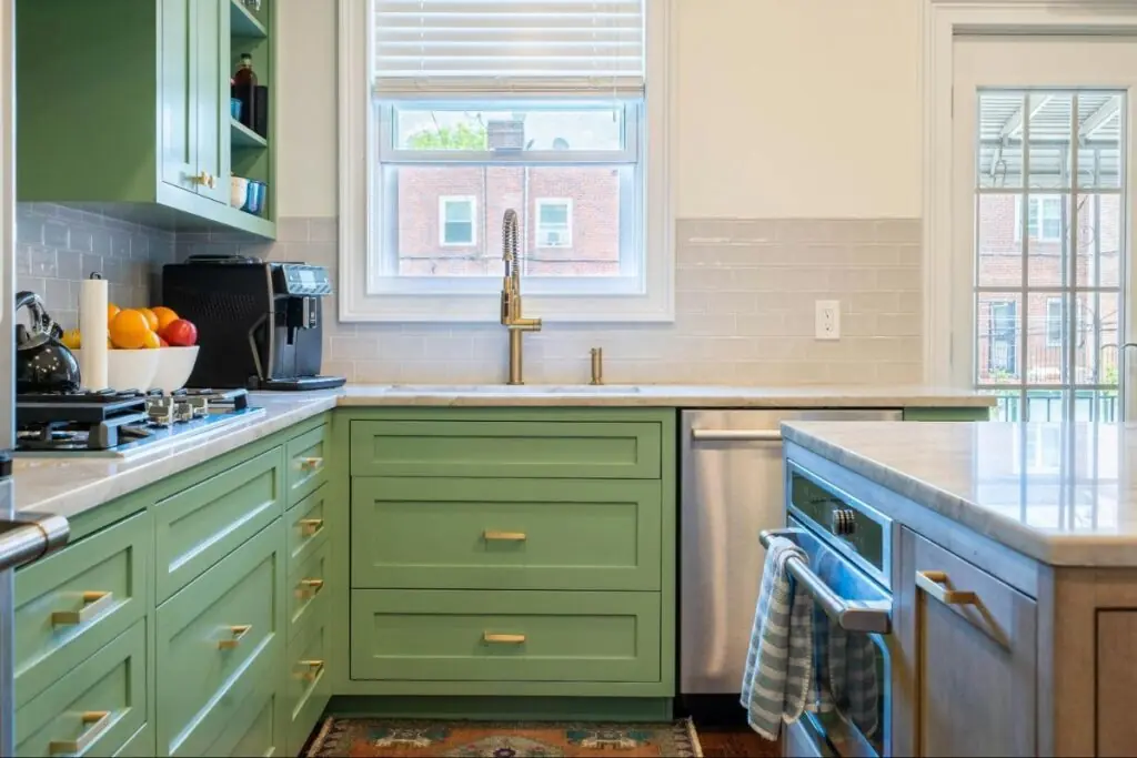 kitchen countertop and green painted drawers