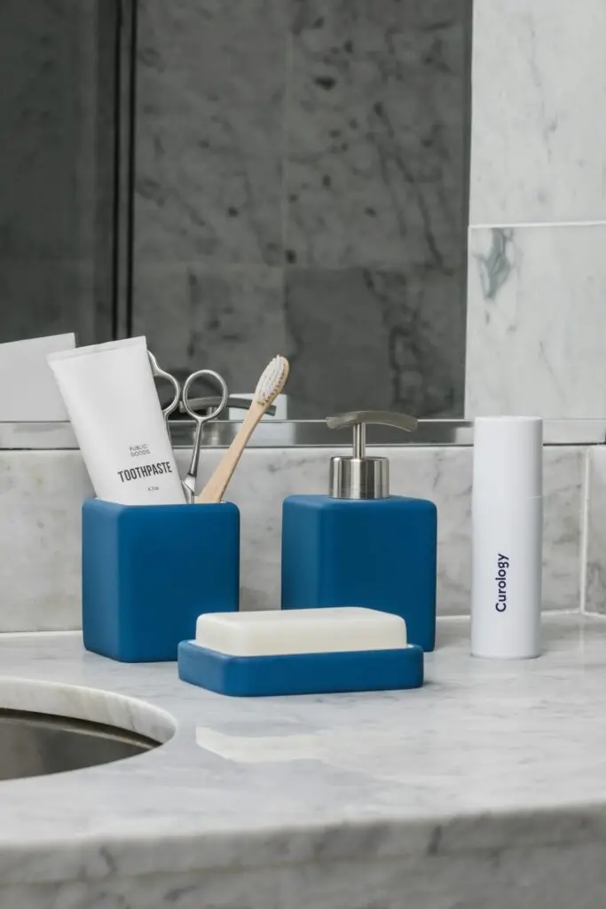 bathroom supplies on top of the bathroom counter