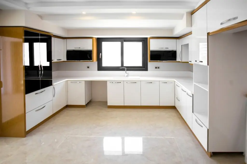 empty kitchen and kitchen cabinets