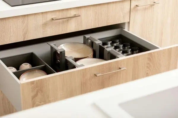 condominium kitchen counter cabinets and open top shelves