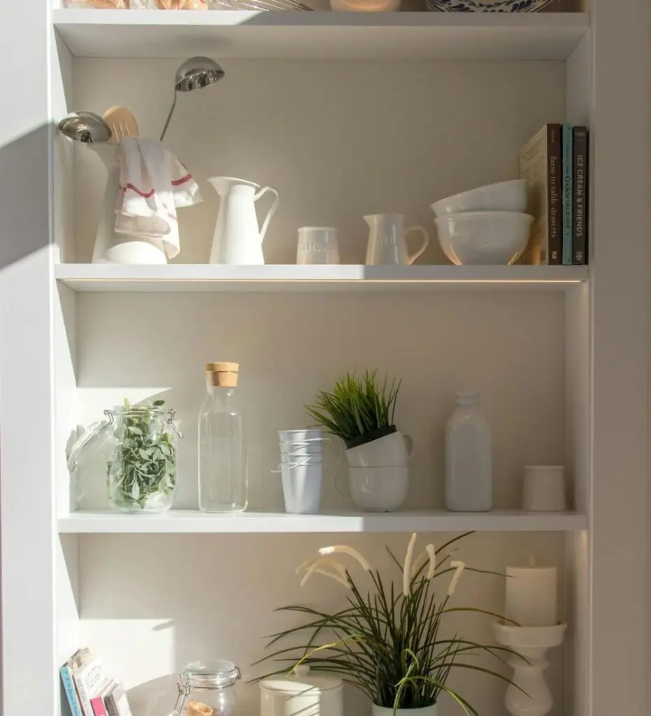 white open shelve kitchen cabinet display