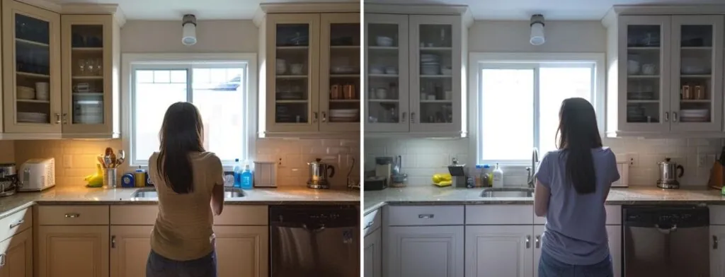 a homeowner examines two different sets of cabinets, one customized to fit their kitchen perfectly and the other prefabricated for a more affordable option