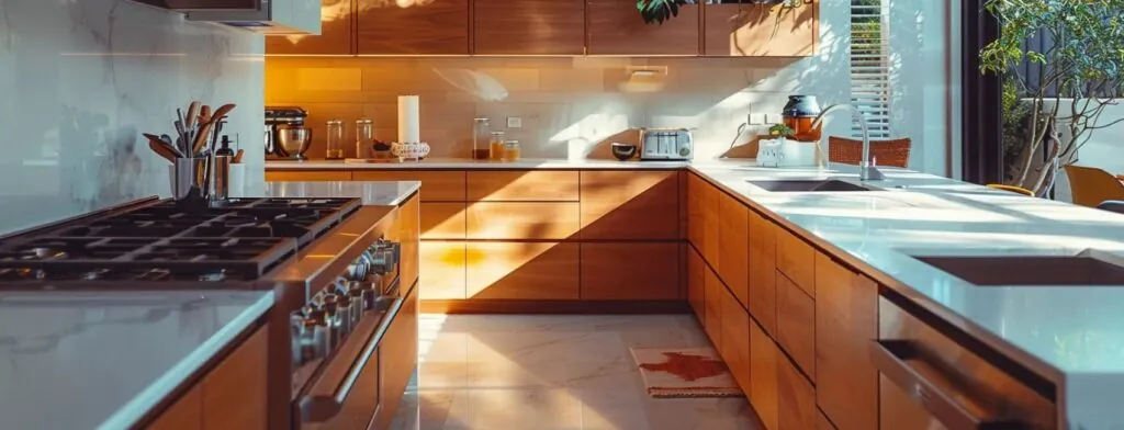 a kitchen with modern custom cabinets and sleek prefabricated countertops