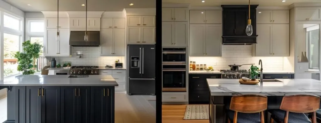 a kitchen with sleek, modern custom cabinets contrasting with a traditional prefabricated cabinet set