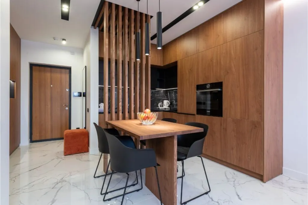 wooden furniture and table in contemporary kitchen