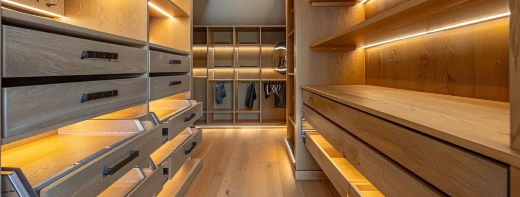 a sleek, modern, and organized walk-in closet with custom built-in shelves and drawers