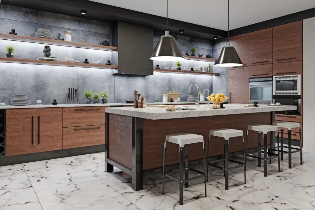 modern kitchen interior with lighting