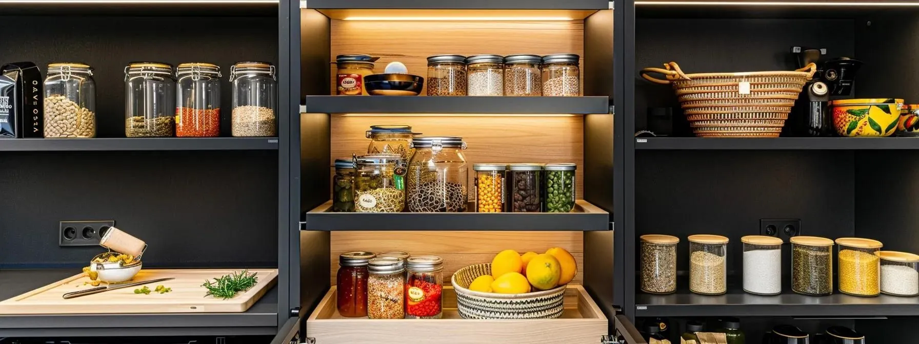 a sleek, modern kitchen pantry cabinet with pull-out shelves filled with neatly organized jars, cans, and spices