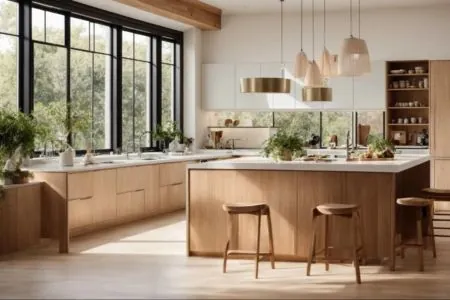 a beautifully designed 12x12 kitchen featuring elegant wooden cabinets with a light, airy feel, bathed in natural sunlight streaming through a large window, highlighting the harmonious blend of modern functionality and cozy charm.