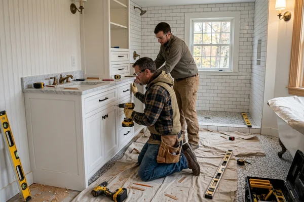 Contractors installing a custom bathroom vanity during a bathroom remodel in a Greater Boston home.