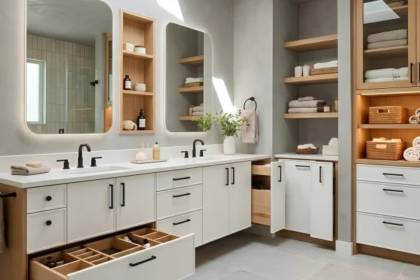White custom bathroom vanity with built-in drawers, open shelving, double sinks, and organized storage in a spacious modern bathroom